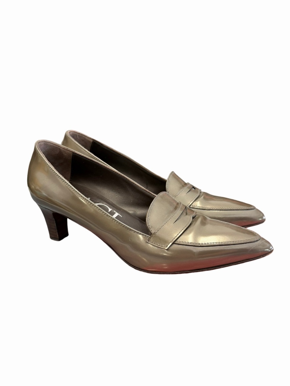 AGL Attilio Giusti Leombruni Metallic Bronze Leather Kitten Heel Loafers Size 8